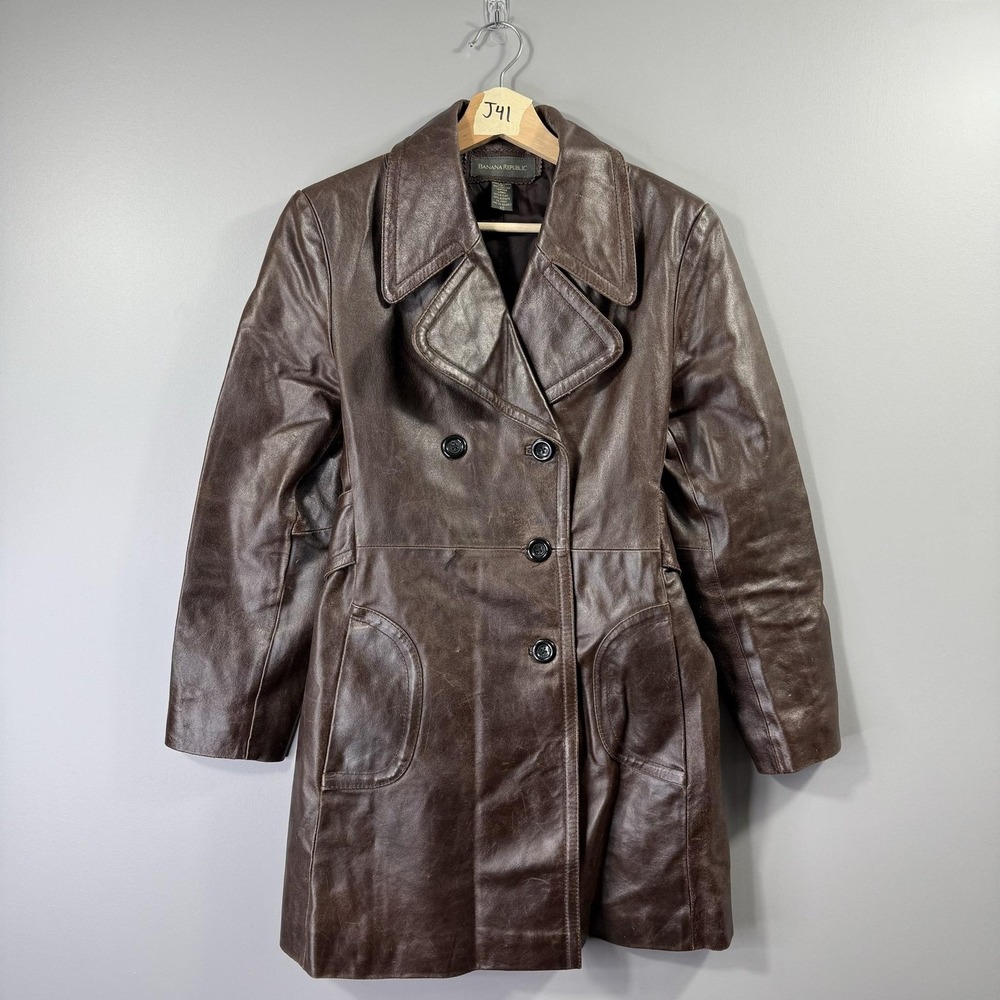 Banana Republic Coat Womens XS Brown Leather Belted Button Front Mid Length